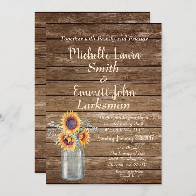 Sunflower Rustic Country Wood Barnyard Mason Jar Invitation (Front/Back)