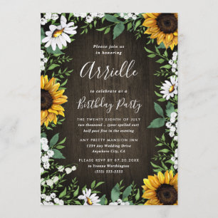 Sunflower Rustic Country Wood Boho Birthday Party Invitation