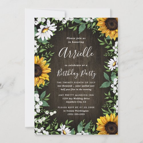Sunflower Rustic Country Wood Boho Birthday Party Invitation