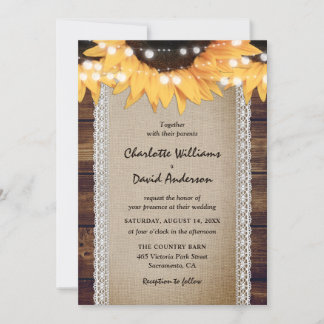 Sunflower Rustic Country Wood Burlap Lace Wedding Invitation