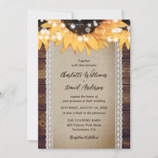 Sunflower Rustic Country Wood Burlap Lace Wedding Invitation