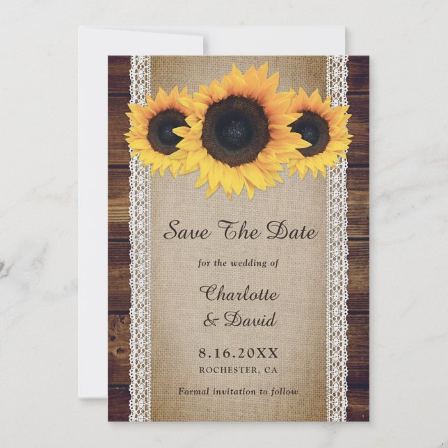 Sunflower Rustic Country Wood Burlap Lace Wedding Save The Date (Front)