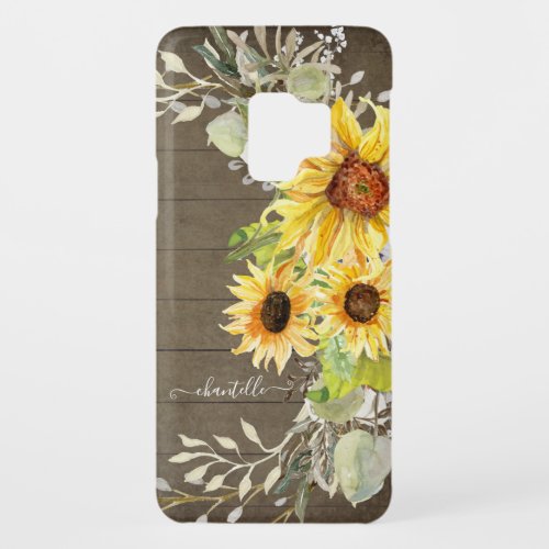 Sunflower Rustic Country Wood Watercolor Floral Case_Mate Samsung Galaxy S9 Case