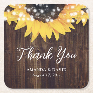 Sunflower Rustic Country Wood Wedding Favor Square Paper Coaster