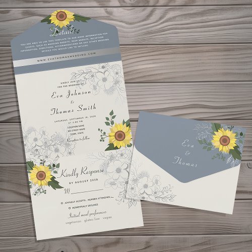 Sunflower Rustic Dusty Blue Wedding All In One Invitation