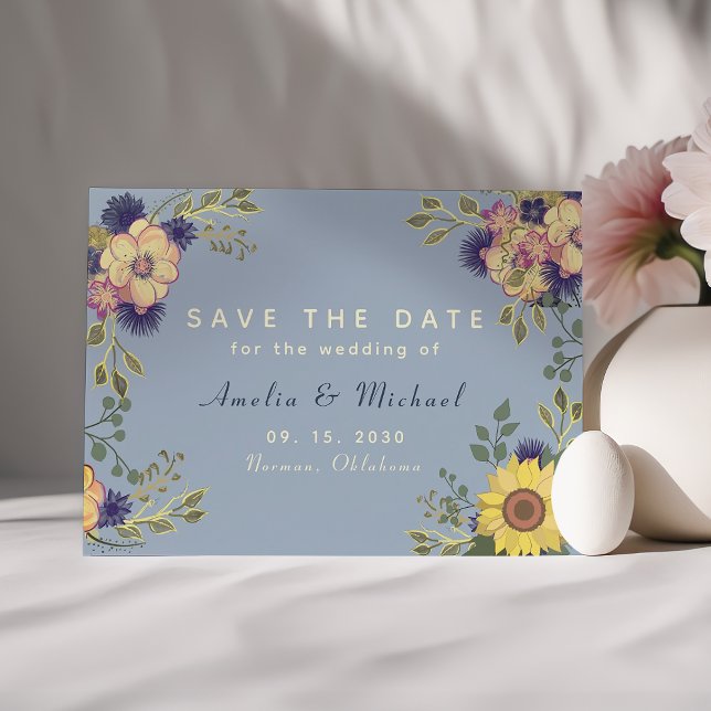 Sunflower Rustic Dusty Blue Wedding Save The Date (Creator Uploaded)