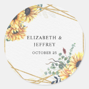 Sunflower Rustic Elegant Geometric Gold Wedding Classic Round Sticker