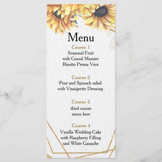 Sunflower Rustic Elegant Geometric Gold Wedding  Menu (Front)