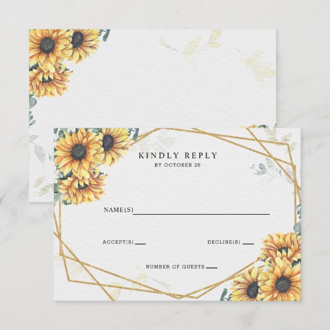 Sunflower Rustic Elegant Geometric Gold Wedding  RSVP Card (Front/Back)