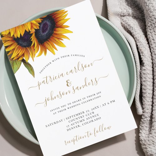 Sunflower rustic elegant gold script wedding invitation