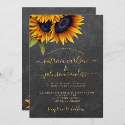 Sunflower rustic elegant script chalkboard wedding invitation