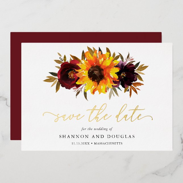Sunflower Rustic Elegant Wedding Save The Date Foil Invitation (Front/Back)