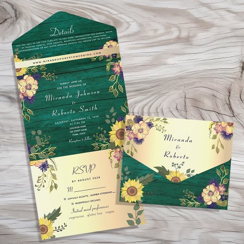 Sunflower Rustic Emerald Green Wedding All In One Invitation