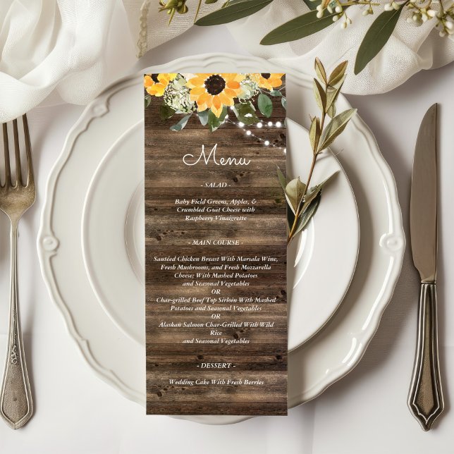 Sunflower Rustic Eucalyptus Wood Wedding Menu (Creator Uploaded)