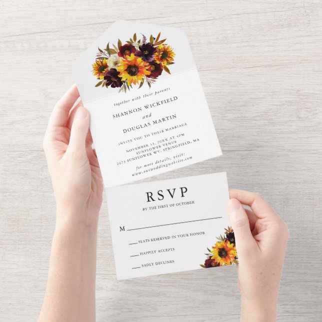 Sunflower Rustic Fall Floral Elegant Wedding All In One Invitation (Tearaway)