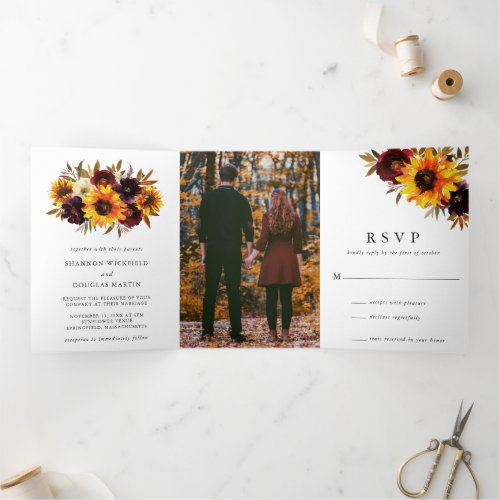 Sunflower Rustic Fall Floral Photo Elegant Wedding Tri_Fold Invitation