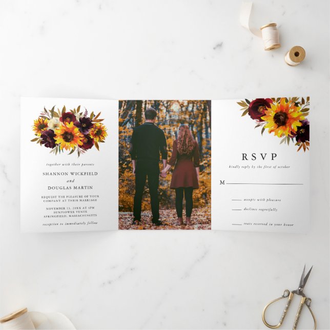 Sunflower Rustic Fall Floral Photo Elegant Wedding Tri-Fold Invitation (Inside)