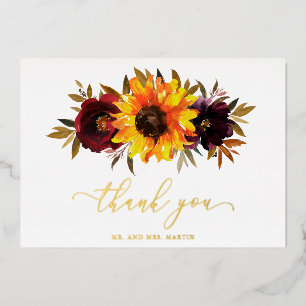 Sunflower Rustic Fall Wedding Foil Thank You Card
