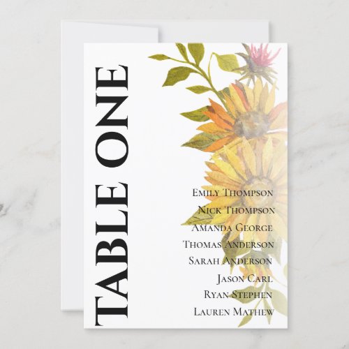 Sunflower Rustic Flora Wedding Table Seating Chart