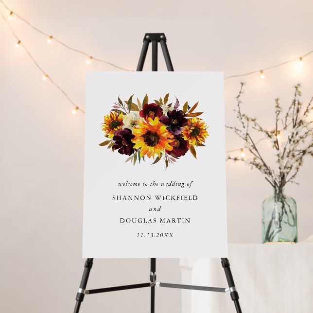 Sunflower Rustic Floral Fall Wedding Welcome Sign (In Situ (Stand))