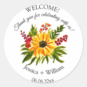 Sunflower Rustic Floral Watercolor Wedding Classic Round Sticker