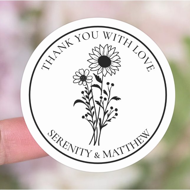 Sunflower Rustic Floral Wedding Thank You  Classic Round Sticker (Creator Uploaded)