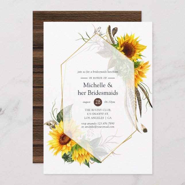 Sunflower Rustic Geometric Bridesmaids Luncheon Invitation (Front/Back)