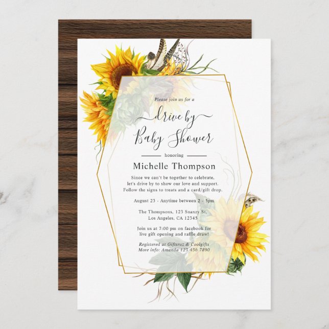 Sunflower Rustic Geometric Drive By Shower Invitation (Front/Back)