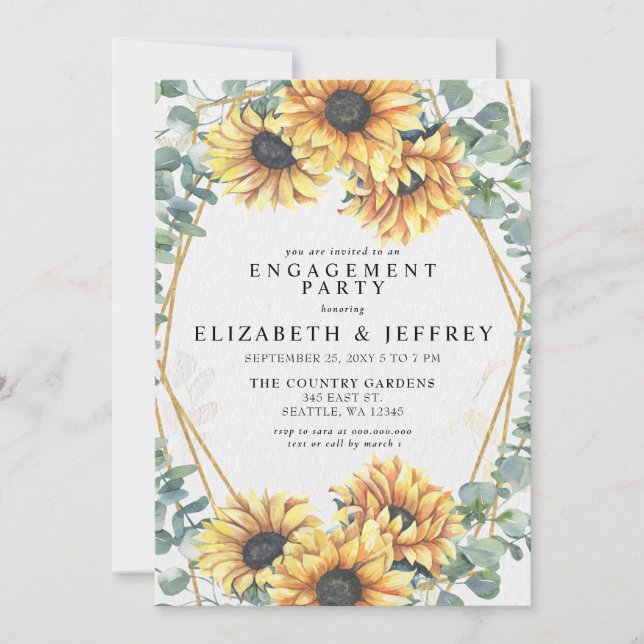 Sunflower Rustic Geometric Gold Engagement Party Invitation (Front)