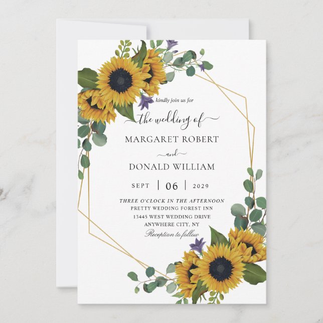 Sunflower Rustic Geometric Gold Invitation (Front)