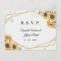 Sunflower Rustic Geometric Gold Wedding RSVP Invitation Postcard