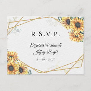 Sunflower Rustic Geometric Gold Wedding RSVP Invitation Postcard