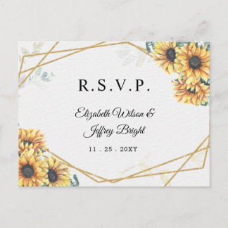 Sunflower Rustic Geometric Gold Wedding RSVP Invitation Postcard
