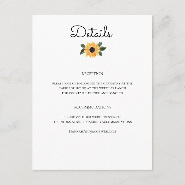 Sunflower Rustic Greenery Wedding Details Card (Front)