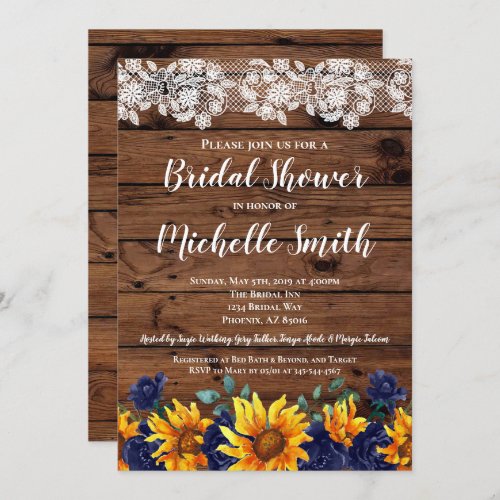Sunflower Rustic Lace Country Blue Bridal Shower Invitation