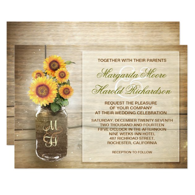 Sunflower Rustic Mason Jar Cute Wedding Invitation