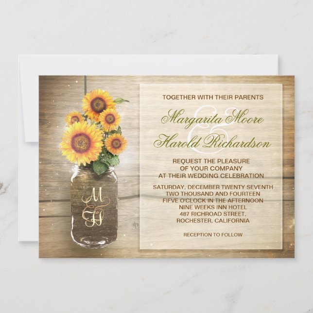 sunflower rustic mason jar cute wedding invitation (Front)