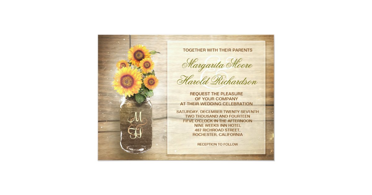 Sunflower Rustic Mason Jar Cute Wedding Invitation