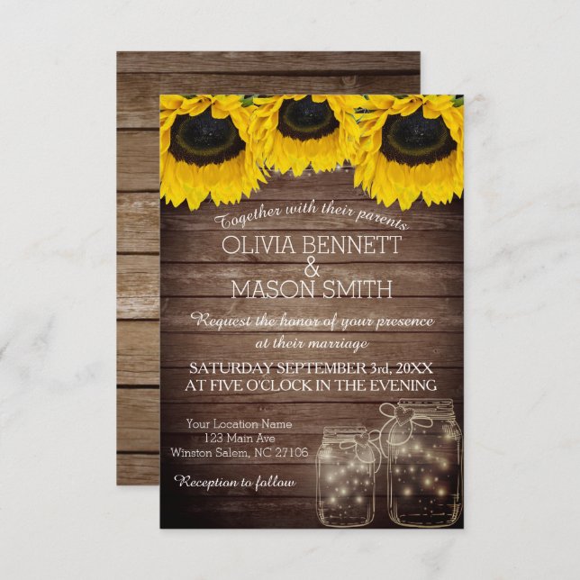 Sunflower Rustic Mason Jar lit Wedding Invitation (Front/Back)