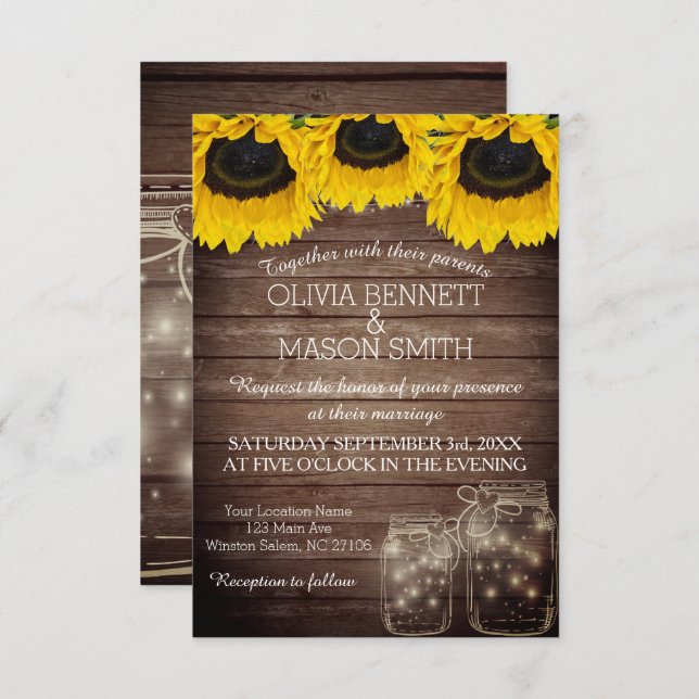 Sunflower Rustic Mason Jar lit Wedding Invitation (Front/Back)