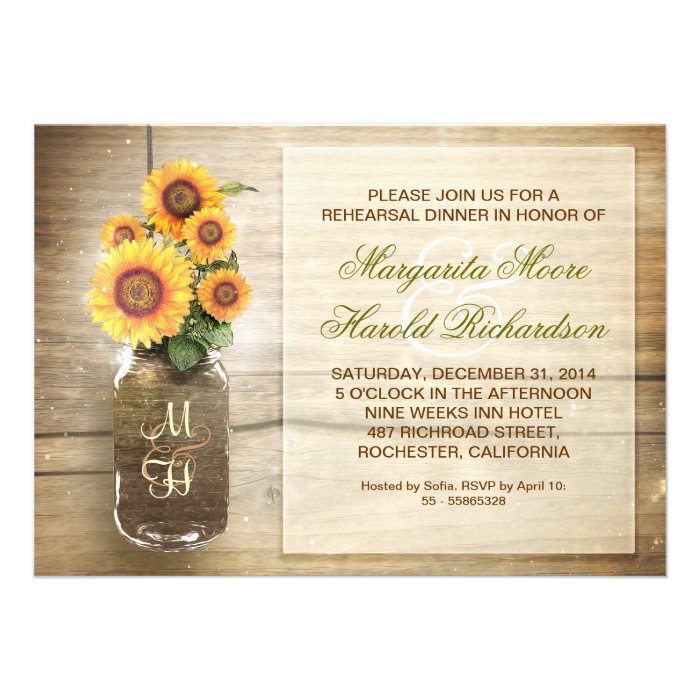 sunflower rustic mason jar rehearsal dinner invite