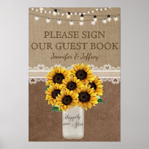 Sunflower Rustic Mason Jar Wedding Guest Book Sign