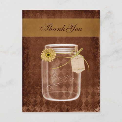 sunflower rustic mason jar wedding thank you postcard