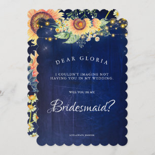 Sunflower Rustic Navy Blue Bridesmaid Proposal Invitation