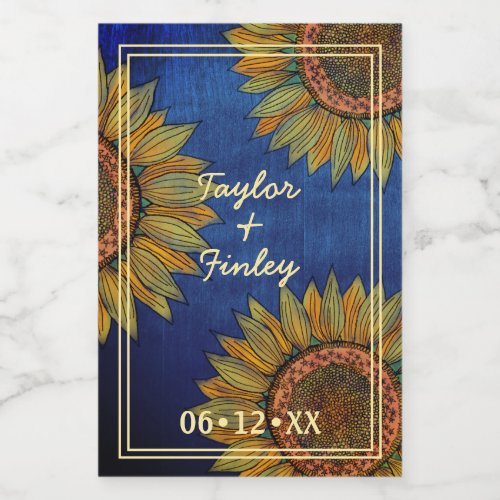 Sunflower Rustic Navy Blue Personalized Wedding Wine Label