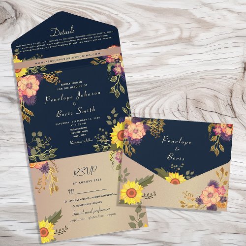 Sunflower Rustic Navy Blue Wedding All In One Invitation