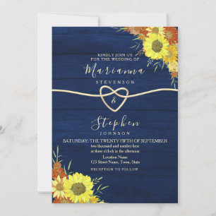 Sunflower Rustic Navy Blue Wedding Invitation