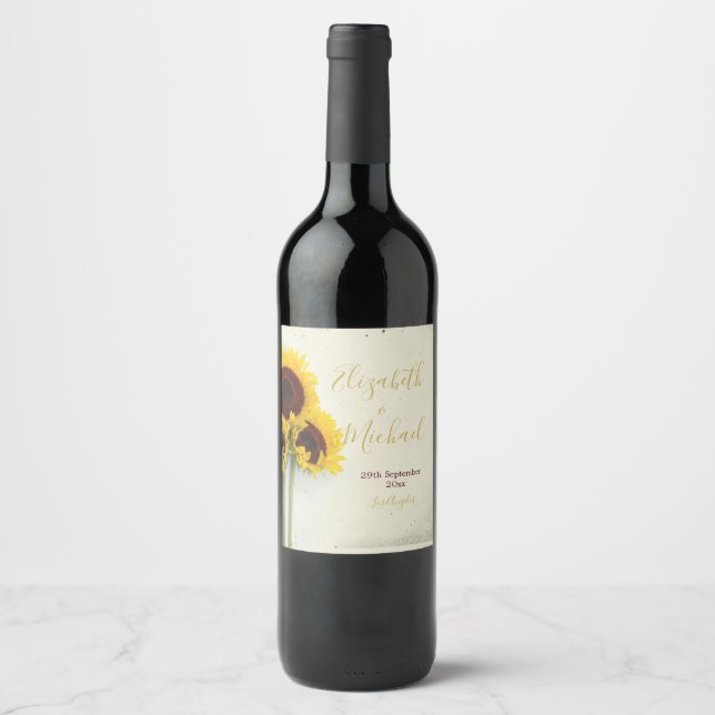 Sunflower Rustic Personal Modern Wedding Wine Label (Front)