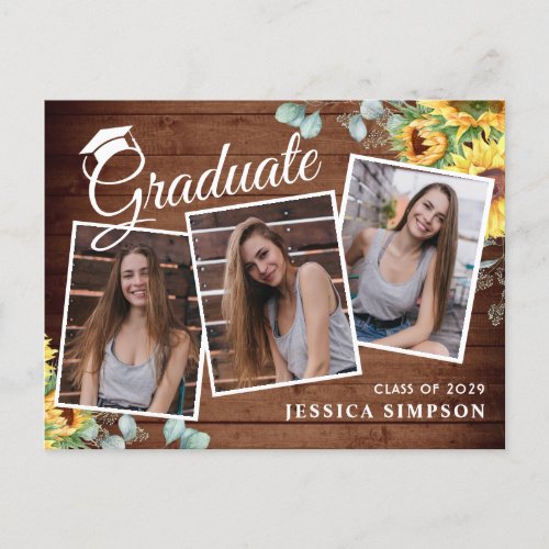 Sunflower Rustic PHOTO Graduation Party Invitation Postcard