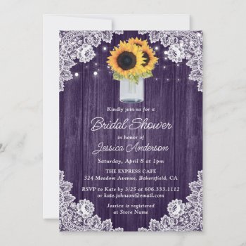 Sunflower Rustic Purple Wood Lace Bridal Shower Invitation by DanielCapPhotography at Zazzle